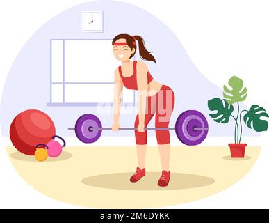 Weightlifting Sport Illustration with Athlete Lifts a Heavy Barbell, Gym Equipment and Bodybuilder Training in Flat Cartoon Hand Drawn Templates Stock Vector