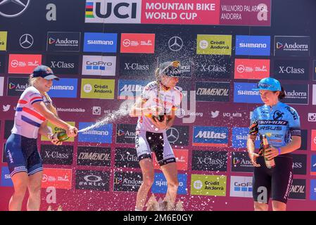 VALLNORD, ANDORRA  - JULY 7 2019:  CYCLIST in the MERCEDES-BENZ UCI MTB WORLD CUP 2019 - XCO Vallnor Stock Photo