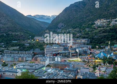 Aerial panoramic cityscape view of Andorra La Vella and Escaldes - Engordany, Andorra. Stock Photo