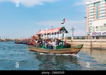 Dubai, UAE. On 15 November, 2020. Creek Harbor Boat Cruise traveling old city Deira Al Seef River Tr Stock Photo