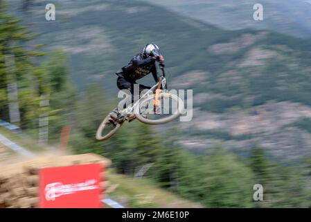 VALLNORD, ANDORRA  - JULY 5 2019:  CYCLIST in the MERCEDES-BENZ UCI MTB WORLD CUP 2019 - DHI Vallnor Stock Photo