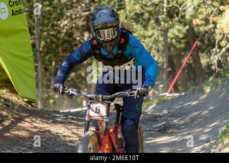 VALLNORD, ANDORRA  - JULY 4 2019:  CYCLIST in the MERCEDES-BENZ UCI MTB WORLD CUP 2018 - DHI Vallnor Stock Photo