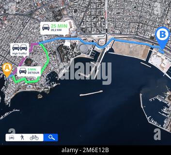 The easiest way from A to B. Cropped image of a city satellite map with different routes shown on it in color. Stock Photo