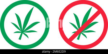 Cannabis use allowed and cannabis use prohibited icon set. Cannabis legal and cannabis illegal. Marijuana. Editable vector. Stock Vector