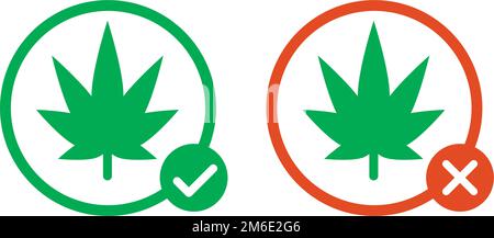 Marijuana use allowed and marijuana use prohibited icon set. Marijuana and check mark, marijuana and cross mark. Cannabis legal and illegal. Vectors. Stock Vector