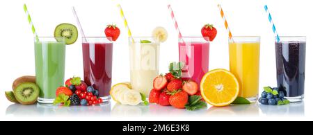 Set of fruit smoothies fruits orange juice drink straw in glass isolated on white Stock Photo