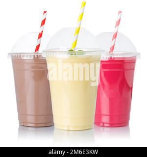 Chocolate vanilla strawberry milk shake milkshake collection straw in a cup isolated on white Stock Photo