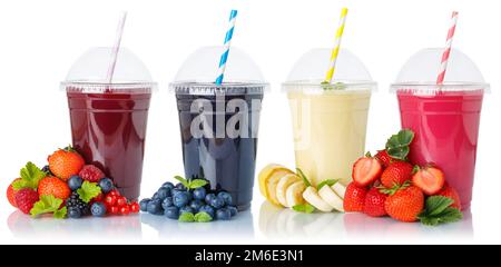 Collection of fruit smoothies fruits juice drink straw in a cup isolated on white Stock Photo