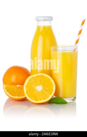 Orange fruit juice drink oranges glass and bottle isolated on white Stock Photo