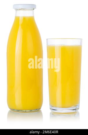 Orange fruit juice smoothie drink in a bottle and glass isolated on white Stock Photo