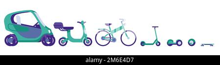 Electric transport icons for rental service. City transportation. Car or scooter. Alternative energy. Eco friendly automobile. Gyroboard and bicycle Stock Vector