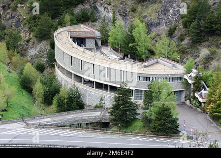 Riu d Urina road and the Canillo cemetery in Andorra Stock Photo
