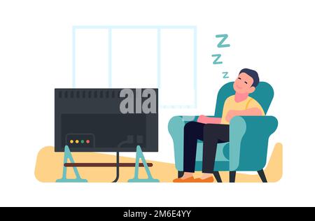 Guy sits in chair in front of TV. Man sleeps in armchair. People relax and dream on sofa. Sleepy person watches television at home. House relaxation Stock Vector