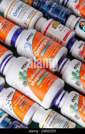 Vitamins, minerals and micronutrients from iHerb box. Lots of different jars. Biologically active food additives. Dietary supplement set buy online. Medicines for health. Kyiv, Ukraine - July 13, 2022 Stock Photo