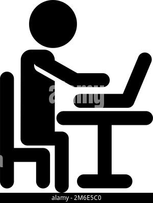 Silhouette icon of a person sitting on a chair and working on a computer at a desk. Editable vector. Stock Vector