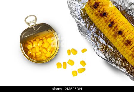 Sweet corn in a tin can and grilled corn in aluminum foil on a white background Stock Photo