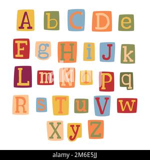 Cutout colorful letters from magazine y2k style alphabet. Anonymous notes 90s retro vintage. Stock Vector