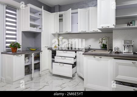 Minimalistic modern white kitchen interior details Stock Photo