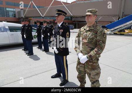 Corporal David B. Milano, MIA, was lost in action during the Korean War on December 2, 1950. After 71 years, he will be repatriated back to the United States and reunited with his family. An Honor Guard made up of members of the Utah National Guard conduct an Honorable Carry at the Salt Lake City International Airport, April 26, 2022. Milano was born in Chicago, Illinois on Dec. 23, 1932, to Albert and Lida Milano. His family relocated to Utah, where Milano will be laid to rest next to his mother, sister and brother-in-law at Evergreen Memorial Park, 100 Monroe Blvd., Ogden, Utah. Stock Photo