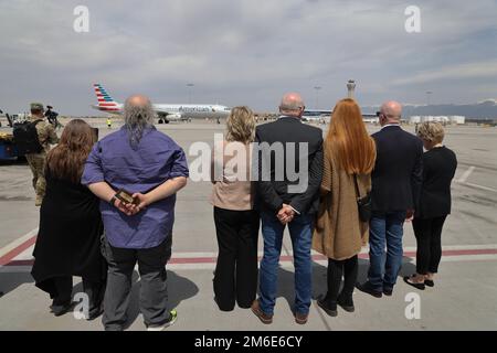 Corporal David B. Milano, MIA, was lost in action during the Korean War on December 2, 1950. After 71 years, he will be repatriated back to the United States and reunited with his family. An Honor Guard made up of members of the Utah National Guard conduct an Honorable Carry at the Salt Lake City International Airport, April 26, 2022. Milano was born in Chicago, Illinois on Dec. 23, 1932, to Albert and Lida Milano. His family relocated to Utah, where Milano will be laid to rest next to his mother, sister and brother-in-law at Evergreen Memorial Park, 100 Monroe Blvd., Ogden, Utah. Stock Photo