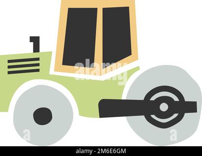 scandi style construction machinery vector illustration for children, road roller isolated on white background Stock Vector