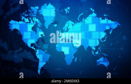 Rectangle Digital World Map Cyber Animate Background Stock Photo