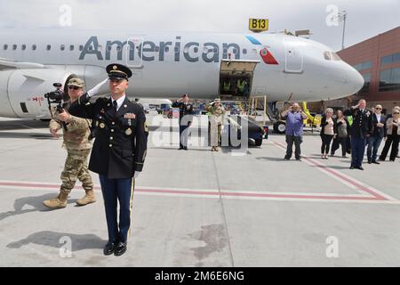 Corporal David B. Milano, MIA, was lost in action during the Korean War on December 2, 1950. After 71 years, he will be repatriated back to the United States and reunited with his family. An Honor Guard made up of members of the Utah National Guard conduct an Honorable Carry at the Salt Lake City International Airport, April 26, 2022. Milano was born in Chicago, Illinois on Dec. 23, 1932, to Albert and Lida Milano. His family relocated to Utah, where Milano will be laid to rest next to his mother, sister and brother-in-law at Evergreen Memorial Park, 100 Monroe Blvd., Ogden, Utah. Stock Photo