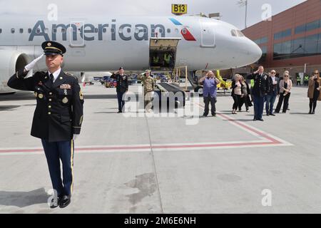 Corporal David B. Milano, MIA, was lost in action during the Korean War on December 2, 1950. After 71 years, he will be repatriated back to the United States and reunited with his family. An Honor Guard made up of members of the Utah National Guard conduct an Honorable Carry at the Salt Lake City International Airport, April 26, 2022. Milano was born in Chicago, Illinois on Dec. 23, 1932, to Albert and Lida Milano. His family relocated to Utah, where Milano will be laid to rest next to his mother, sister and brother-in-law at Evergreen Memorial Park, 100 Monroe Blvd., Ogden, Utah. Stock Photo