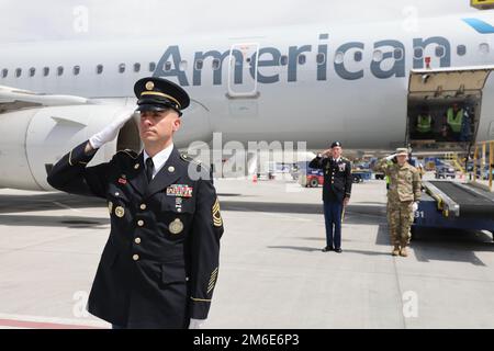 Corporal David B. Milano, MIA, was lost in action during the Korean War on December 2, 1950. After 71 years, he will be repatriated back to the United States and reunited with his family. An Honor Guard made up of members of the Utah National Guard conduct an Honorable Carry at the Salt Lake City International Airport, April 26, 2022. Milano was born in Chicago, Illinois on Dec. 23, 1932, to Albert and Lida Milano. His family relocated to Utah, where Milano will be laid to rest next to his mother, sister and brother-in-law at Evergreen Memorial Park, 100 Monroe Blvd., Ogden, Utah. Stock Photo