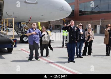 Corporal David B. Milano, MIA, was lost in action during the Korean War on December 2, 1950. After 71 years, he will be repatriated back to the United States and reunited with his family. An Honor Guard made up of members of the Utah National Guard conduct an Honorable Carry at the Salt Lake City International Airport, April 26, 2022. Milano was born in Chicago, Illinois on Dec. 23, 1932, to Albert and Lida Milano. His family relocated to Utah, where Milano will be laid to rest next to his mother, sister and brother-in-law at Evergreen Memorial Park, 100 Monroe Blvd., Ogden, Utah. Stock Photo