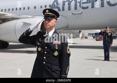 Corporal David B. Milano, MIA, was lost in action during the Korean War on December 2, 1950. After 71 years, he will be repatriated back to the United States and reunited with his family. An Honor Guard made up of members of the Utah National Guard conduct an Honorable Carry at the Salt Lake City International Airport, April 26, 2022. Milano was born in Chicago, Illinois on Dec. 23, 1932, to Albert and Lida Milano. His family relocated to Utah, where Milano will be laid to rest next to his mother, sister and brother-in-law at Evergreen Memorial Park, 100 Monroe Blvd., Ogden, Utah. Stock Photo