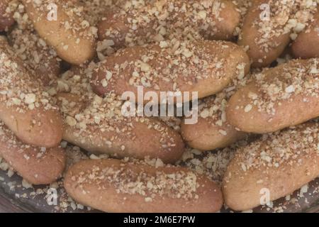 Top down view of traditional honey macaroons. Greek Christmas traditional dessert. Traditional cookies. Stock Photo