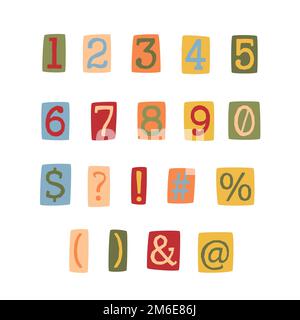 Y2k anonymous criminal cut out from magazine retro symbols and numbers colorful set for print. Stock Vector