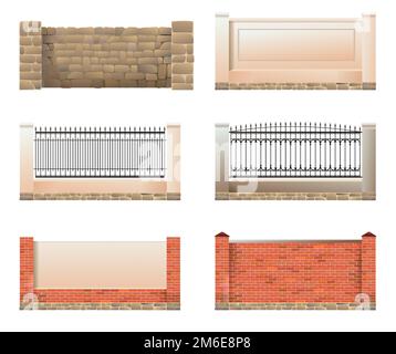 Set of fence. Stone and brick with concrete plaster. Forged iron. Isolated on white background Vector. Stock Vector