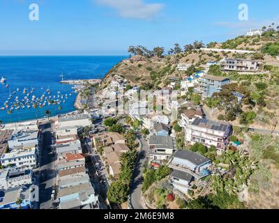 Aerial view of Avalon downtown with their houses on the cliff in Santa Catalina Island, USA Stock Photo