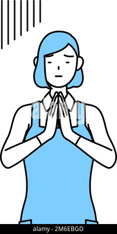 A woman in an apron apologizing with his hands in front of his body ...