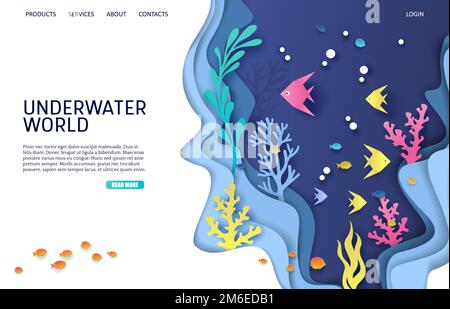 Underwater world vector website landing page design template Stock Vector