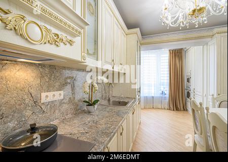 Luxury modern neoclassic beige kitchen interior Stock Photo