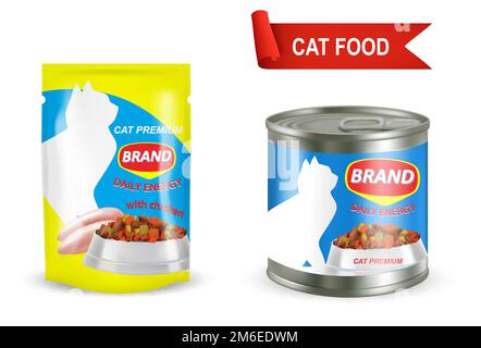 Cat food package mockup set, vector isolated illustration Stock Vector