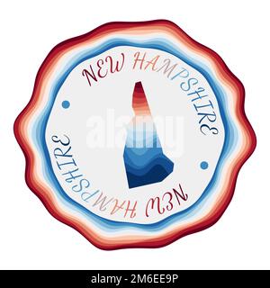 New Hampshire badge. Map of the us state with beautiful geometric waves and vibrant red blue frame. Vivid round New Hampshire logo. Vector illustratio Stock Vector