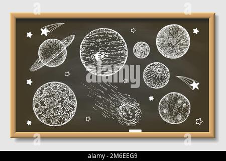 White planets on black chalkboard, vector hand drawn illustration Stock Vector