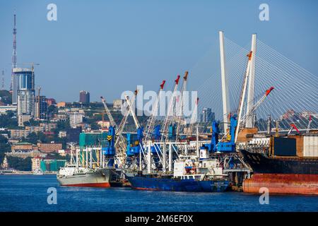 Commercial coasters are loading at the commercial port of Vladivostok. Stock Photo