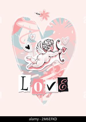 Contemporary love card, cupid, heart and word Love from newspaper letters, collage. Valentine s day poster, wedding invitation, romantic vector illust Stock Vector
