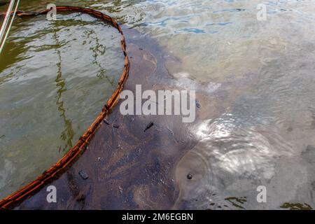 Ecological catastrophy. Close-up. Spill of oil products into the sea. Stock Photo
