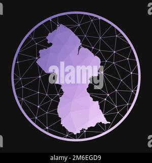 Guyana icon. Vector polygonal map of the country. Guyana icon in geometric style. The country map with purple low poly gradient on dark background. Stock Vector