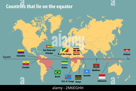 Map of all the countries that lie on the equator Stock Photo