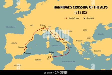 Modern map with the route of Hannibal crossing of the Alps Stock Photo