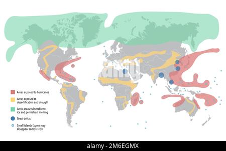 The climate change and environmental refugee world map Stock Photo