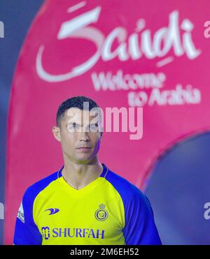 Riyadh, Saudi Arabia. January 03, 2023  Portuguese football player Cristiano Ronaldo attends his presentation as new Al Nassr FC player at Mrsool Park Stadium on January 03, 2023 in Riyadh, Saudi Arabia. Photo by Stringer / Power Sport Images Stock Photo