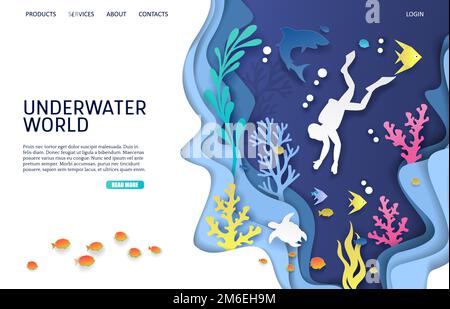 Underwater world vector website landing page design template Stock Vector